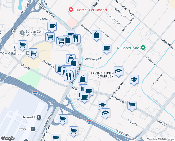 map of restaurants, bars, coffee shops, grocery stores, and more near 301 Placemark in Irvine