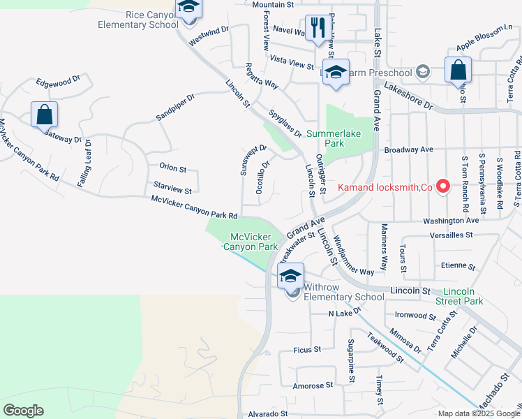 map of restaurants, bars, coffee shops, grocery stores, and more near 15330 Mesquite Drive in Lake Elsinore