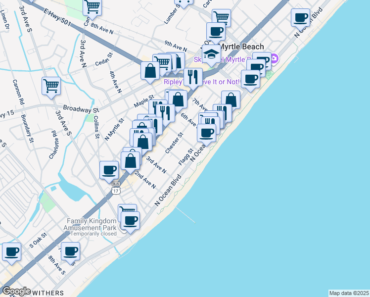 map of restaurants, bars, coffee shops, grocery stores, and more near 405 Flagg Street in Myrtle Beach