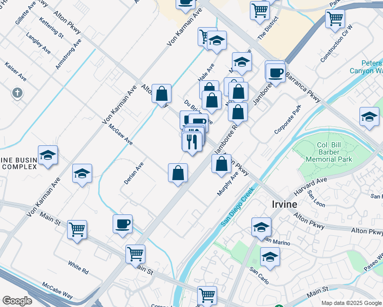 map of restaurants, bars, coffee shops, grocery stores, and more near 2702 Alton Parkway in Irvine