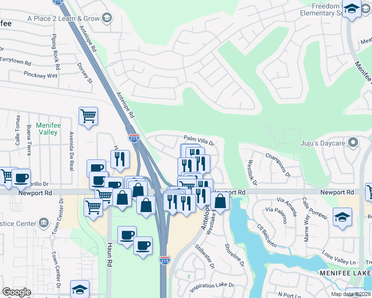 map of restaurants, bars, coffee shops, grocery stores, and more near 28097 Lemonwood Drive in Menifee