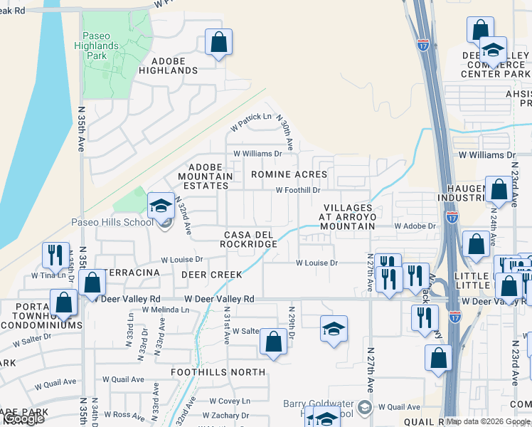 map of restaurants, bars, coffee shops, grocery stores, and more near 2965 West Foothill Drive in Phoenix
