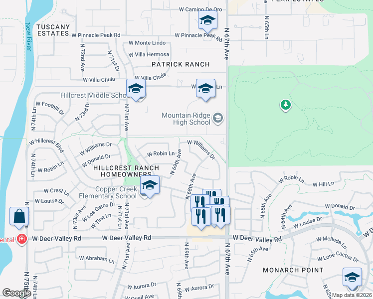 map of restaurants, bars, coffee shops, grocery stores, and more near 6847 West Williams Drive in Glendale