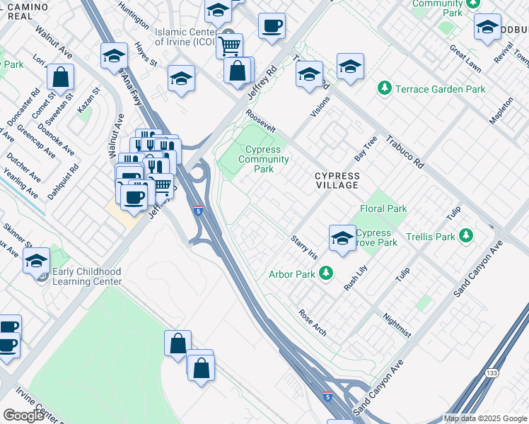 map of restaurants, bars, coffee shops, grocery stores, and more near 100 Contessa in Irvine