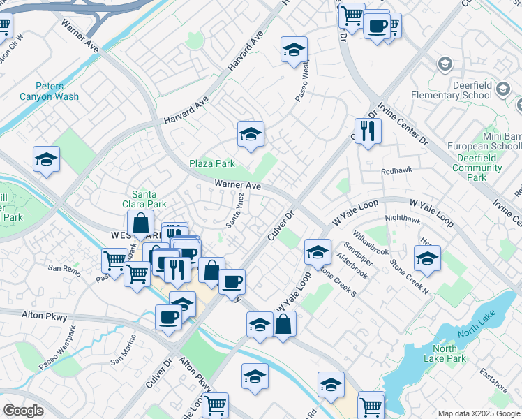 map of restaurants, bars, coffee shops, grocery stores, and more near 585 Cardiff in Irvine