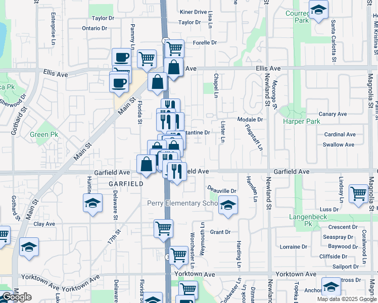 map of restaurants, bars, coffee shops, grocery stores, and more near 18882 Valley Circle in Huntington Beach