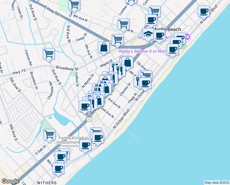 map of restaurants, bars, coffee shops, grocery stores, and more near 314 U.S. 17 Business in Myrtle Beach