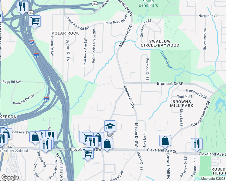 map of restaurants, bars, coffee shops, grocery stores, and more near 2430 Meadow Park Drive Southwest in Atlanta