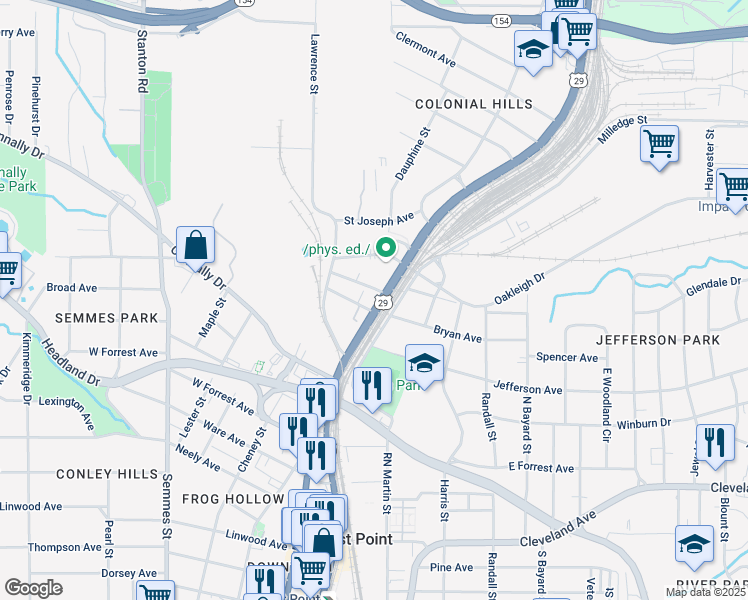 map of restaurants, bars, coffee shops, grocery stores, and more near 2405 Main Street in East Point