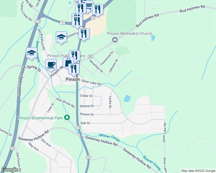 map of restaurants, bars, coffee shops, grocery stores, and more near 4282 Silver Lake Road in Pinson