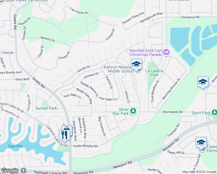 map of restaurants, bars, coffee shops, grocery stores, and more near 29837 Warrior Way in Menifee