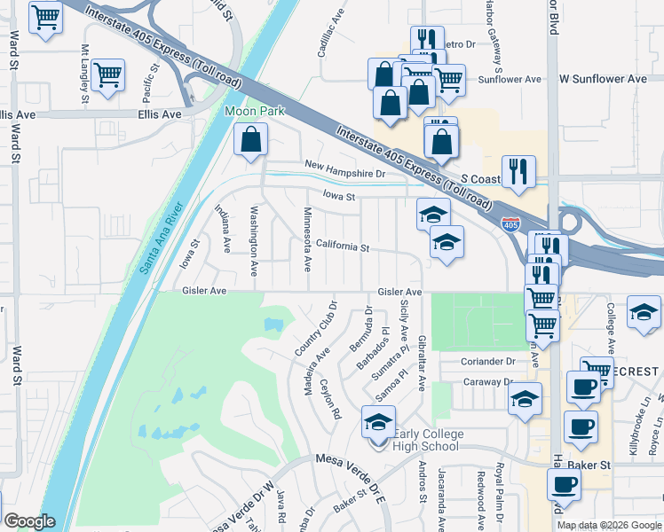 map of restaurants, bars, coffee shops, grocery stores, and more near 3220 Nebraska Place in Costa Mesa