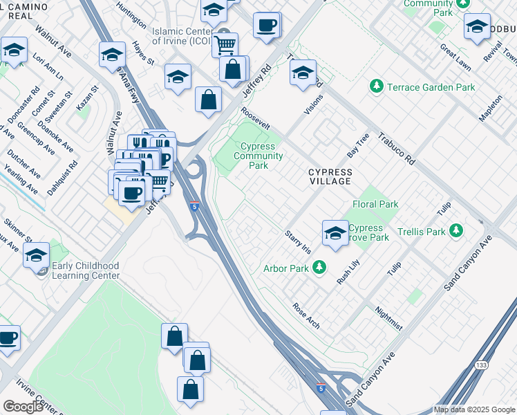 map of restaurants, bars, coffee shops, grocery stores, and more near 100 Contessa in Irvine