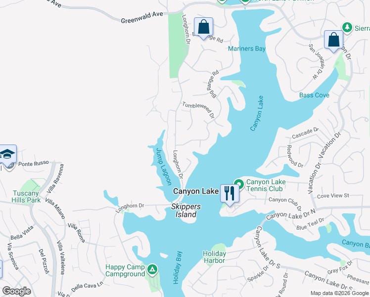 map of restaurants, bars, coffee shops, grocery stores, and more near 30062 Big Range Road in Canyon Lake