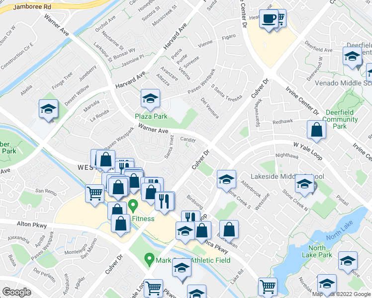 map of restaurants, bars, coffee shops, grocery stores, and more near 585 Cardiff in Irvine