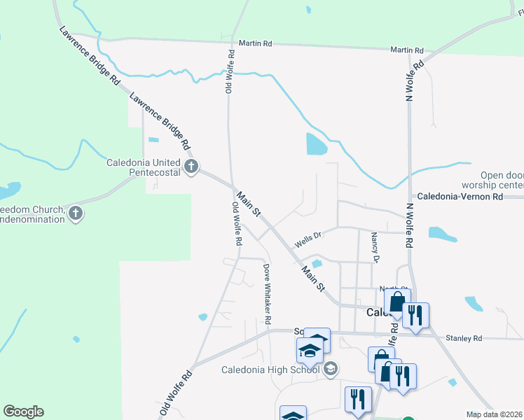 map of restaurants, bars, coffee shops, grocery stores, and more near 121 Main Street in Caledonia