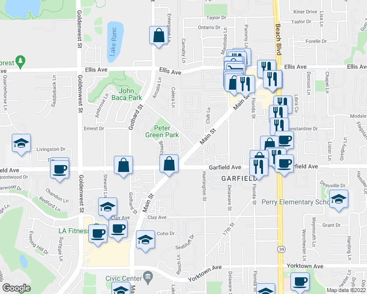 map of restaurants, bars, coffee shops, grocery stores, and more near 18862 Coolwater Lane in Huntington Beach