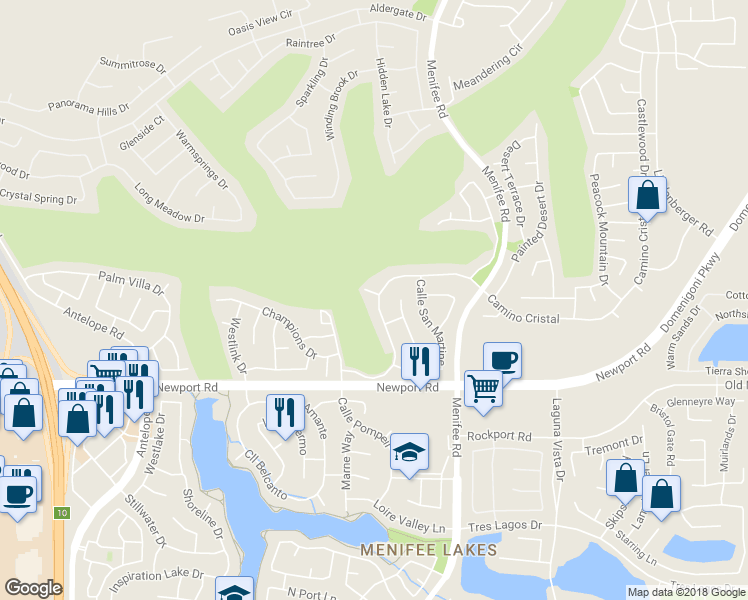 map of restaurants, bars, coffee shops, grocery stores, and more near 28825 Corte Suerte in Menifee