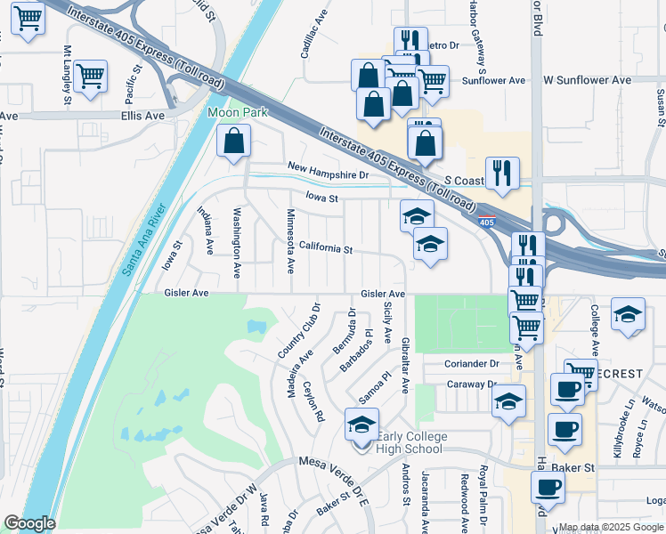 map of restaurants, bars, coffee shops, grocery stores, and more near 3220 Idaho Place in Costa Mesa