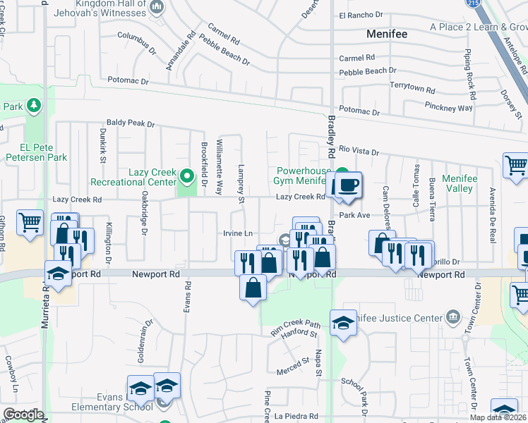 map of restaurants, bars, coffee shops, grocery stores, and more near 29769 Winter Hawk Road in Menifee