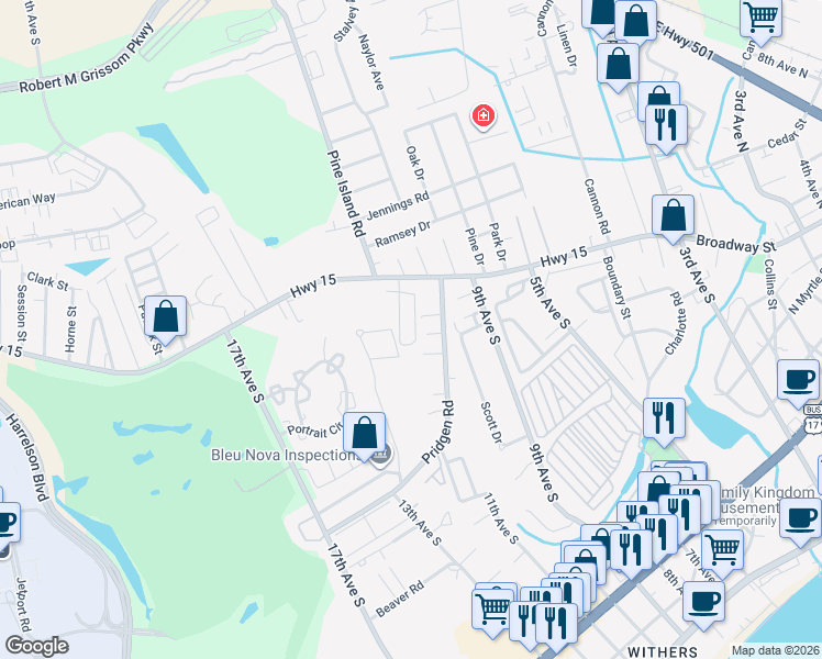 map of restaurants, bars, coffee shops, grocery stores, and more near 1047 Pinner Place in Myrtle Beach