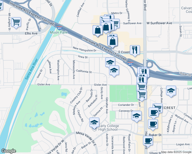map of restaurants, bars, coffee shops, grocery stores, and more near 3222 Colorado Place in Costa Mesa