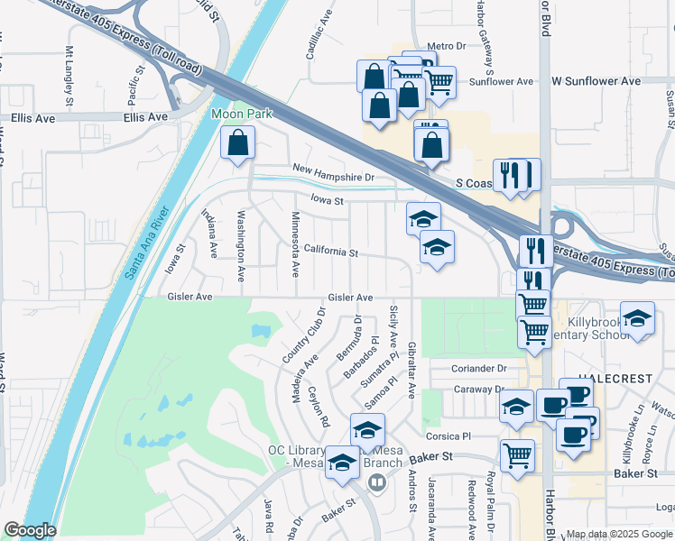 map of restaurants, bars, coffee shops, grocery stores, and more near 3220 Idaho Place in Costa Mesa