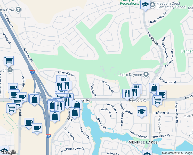 map of restaurants, bars, coffee shops, grocery stores, and more near 28446 Champions Drive in Menifee