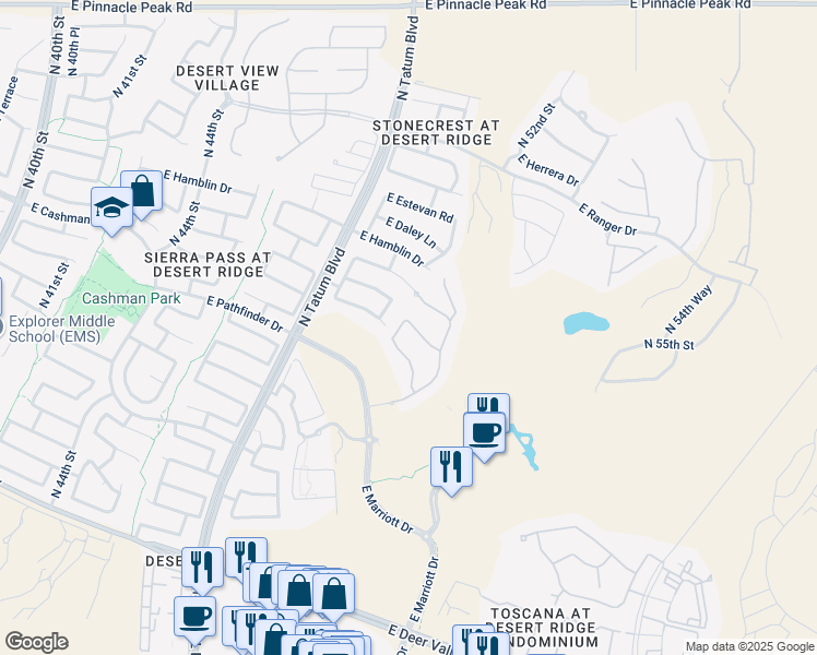map of restaurants, bars, coffee shops, grocery stores, and more near 5006 East Robin Lane in Phoenix