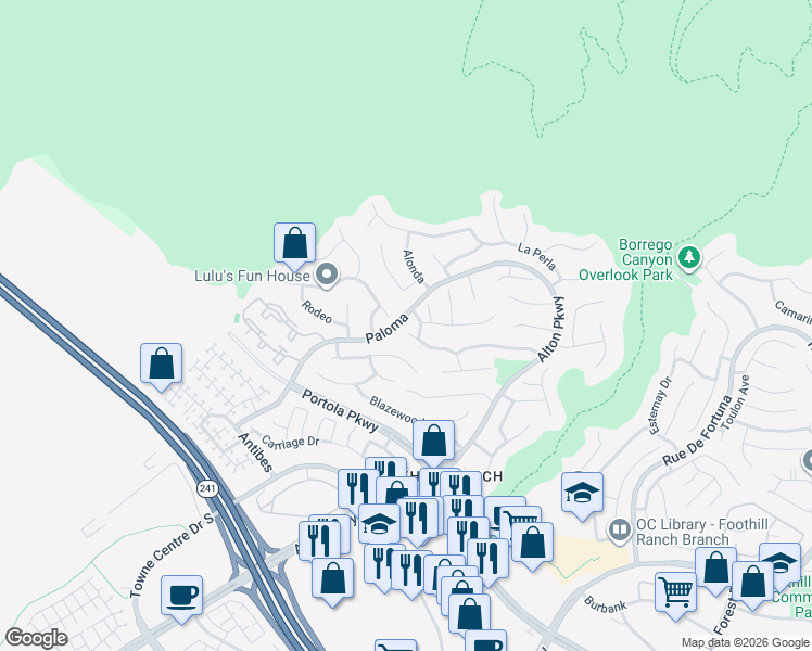 map of restaurants, bars, coffee shops, grocery stores, and more near 1 Bell Vista in Lake Forest