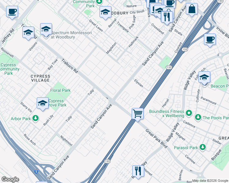 map of restaurants, bars, coffee shops, grocery stores, and more near 95 Statuary in Irvine