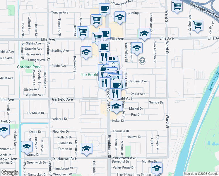 map of restaurants, bars, coffee shops, grocery stores, and more near 18912 Brookhurst Street in Fountain Valley