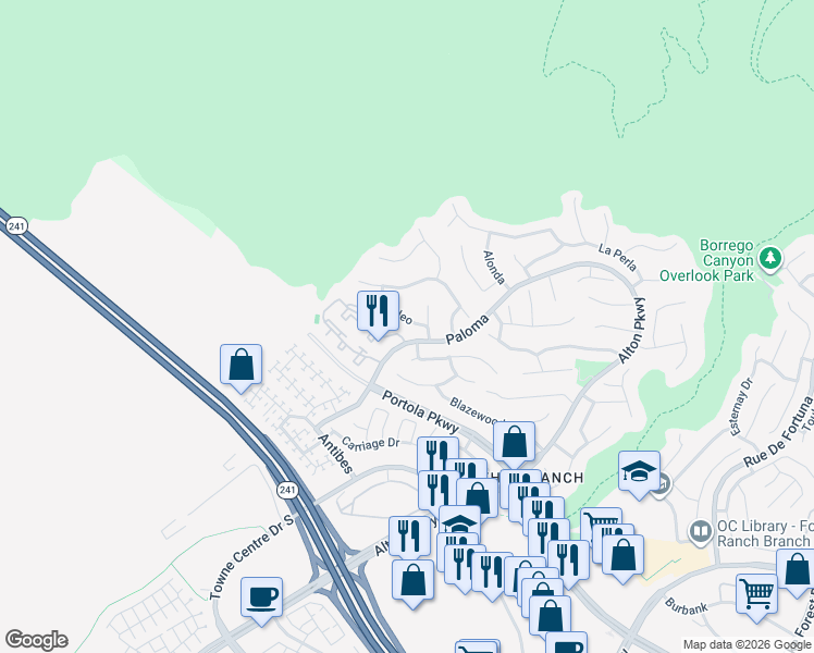 map of restaurants, bars, coffee shops, grocery stores, and more near 23 Rodeo in Lake Forest
