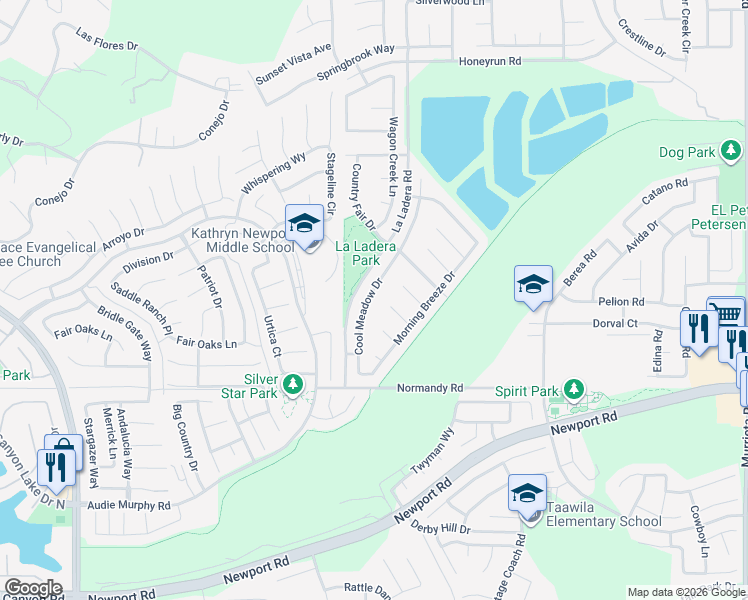 map of restaurants, bars, coffee shops, grocery stores, and more near 29812 Cool Meadow Drive in Menifee