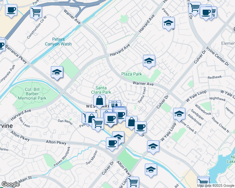 map of restaurants, bars, coffee shops, grocery stores, and more near 2003 Ladrillo Aisle in Irvine