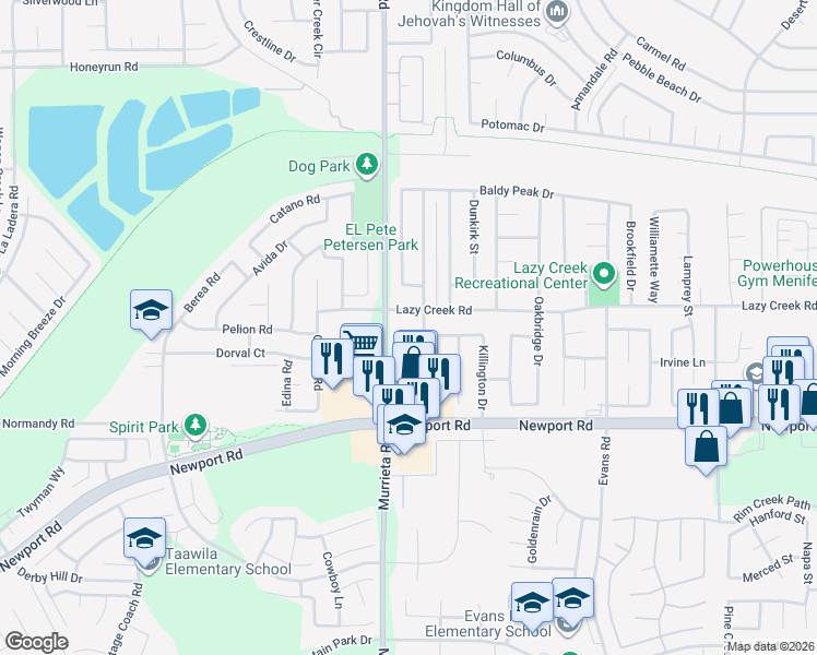 map of restaurants, bars, coffee shops, grocery stores, and more near 26068 Snow Creek Drive in Menifee