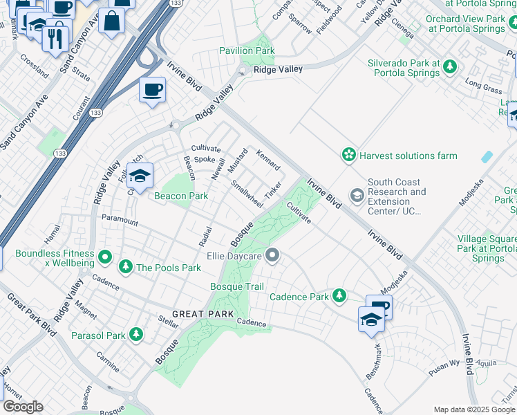 map of restaurants, bars, coffee shops, grocery stores, and more near 102 Smallwheel in Irvine