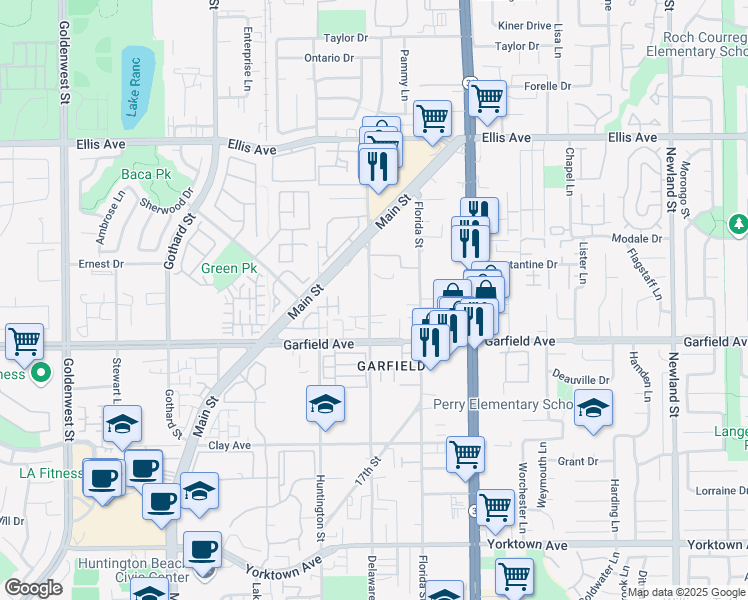 map of restaurants, bars, coffee shops, grocery stores, and more near 18900 Delaware Street in Huntington Beach
