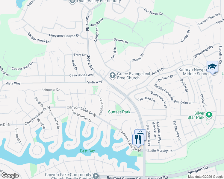 map of restaurants, bars, coffee shops, grocery stores, and more near 23982 Kerrigan Drive in Menifee