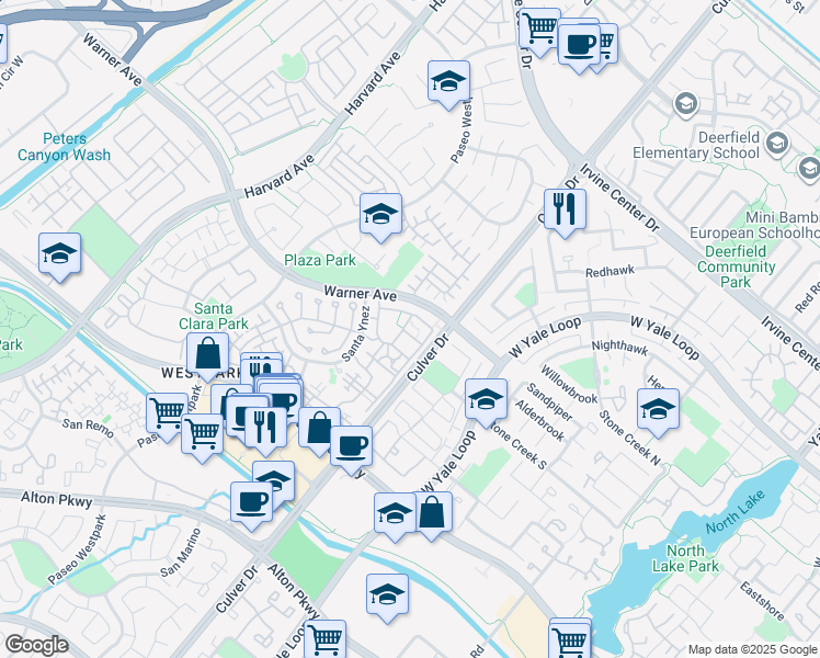 map of restaurants, bars, coffee shops, grocery stores, and more near 585 Cardiff in Irvine