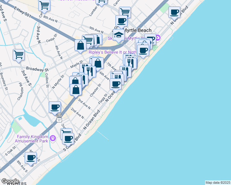 map of restaurants, bars, coffee shops, grocery stores, and more near 508 North Ocean Boulevard in Myrtle Beach