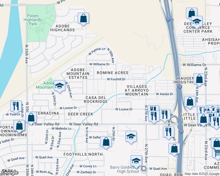 map of restaurants, bars, coffee shops, grocery stores, and more near 22225 North 29th Drive in Phoenix