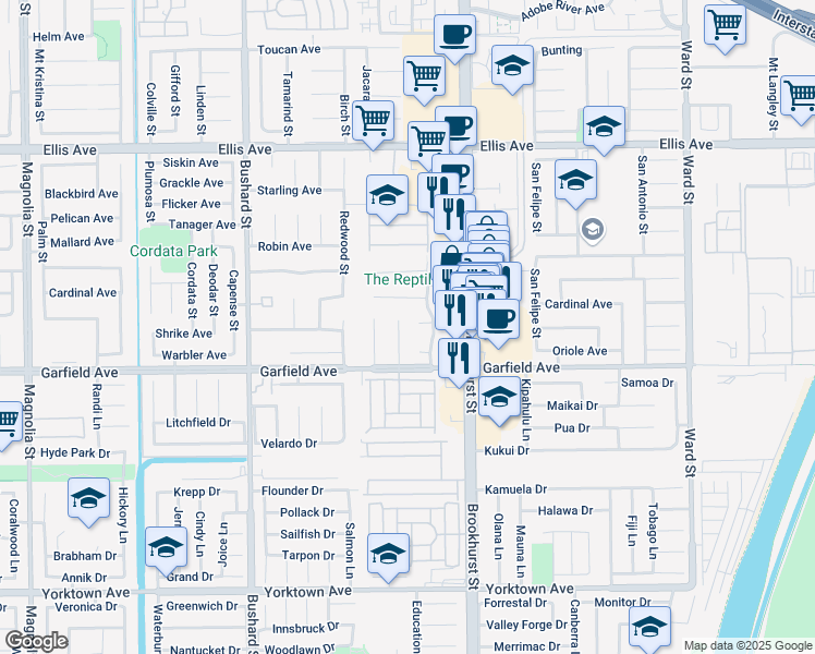 map of restaurants, bars, coffee shops, grocery stores, and more near 18885 Mount Walton Circle in Fountain Valley