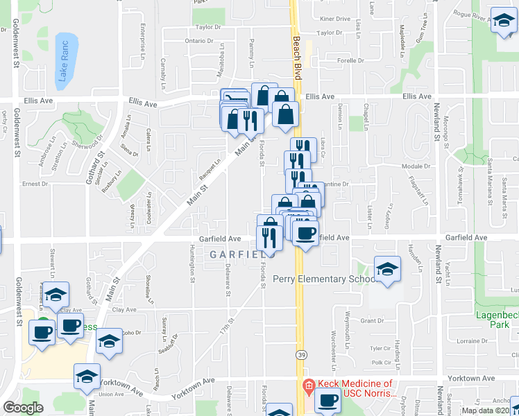 map of restaurants, bars, coffee shops, grocery stores, and more near 7831 Shaffer Circle in Huntington Beach