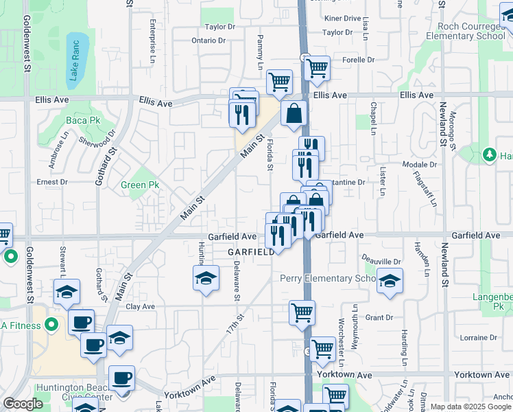 map of restaurants, bars, coffee shops, grocery stores, and more near 7831 Shaffer Circle in Huntington Beach