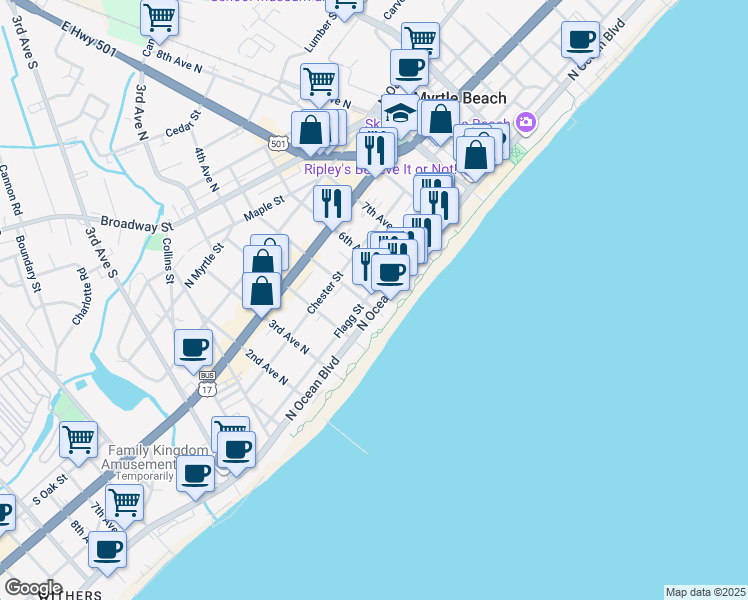 map of restaurants, bars, coffee shops, grocery stores, and more near 508 North Ocean Boulevard in Myrtle Beach