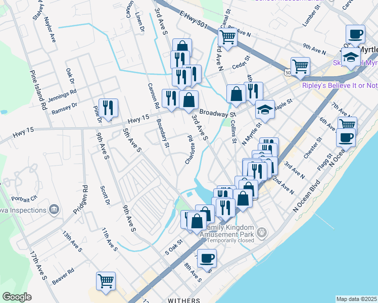 map of restaurants, bars, coffee shops, grocery stores, and more near 734 Columbia Drive in Myrtle Beach