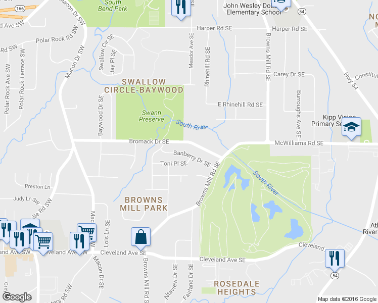 map of restaurants, bars, coffee shops, grocery stores, and more near 270 Banberry Drive Southeast in Atlanta