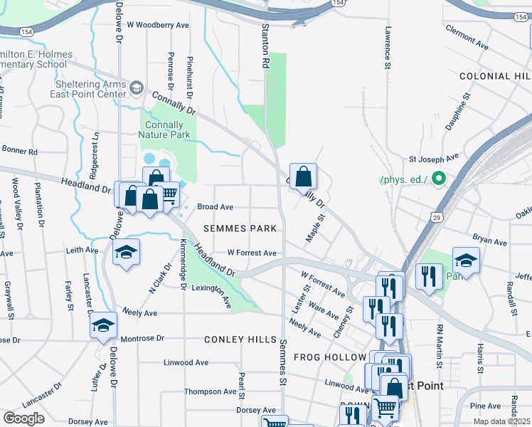 map of restaurants, bars, coffee shops, grocery stores, and more near 1834 Broad Avenue in East Point