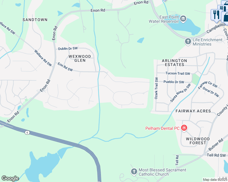 map of restaurants, bars, coffee shops, grocery stores, and more near 5101 Barrington Trace Drive Southwest in Atlanta